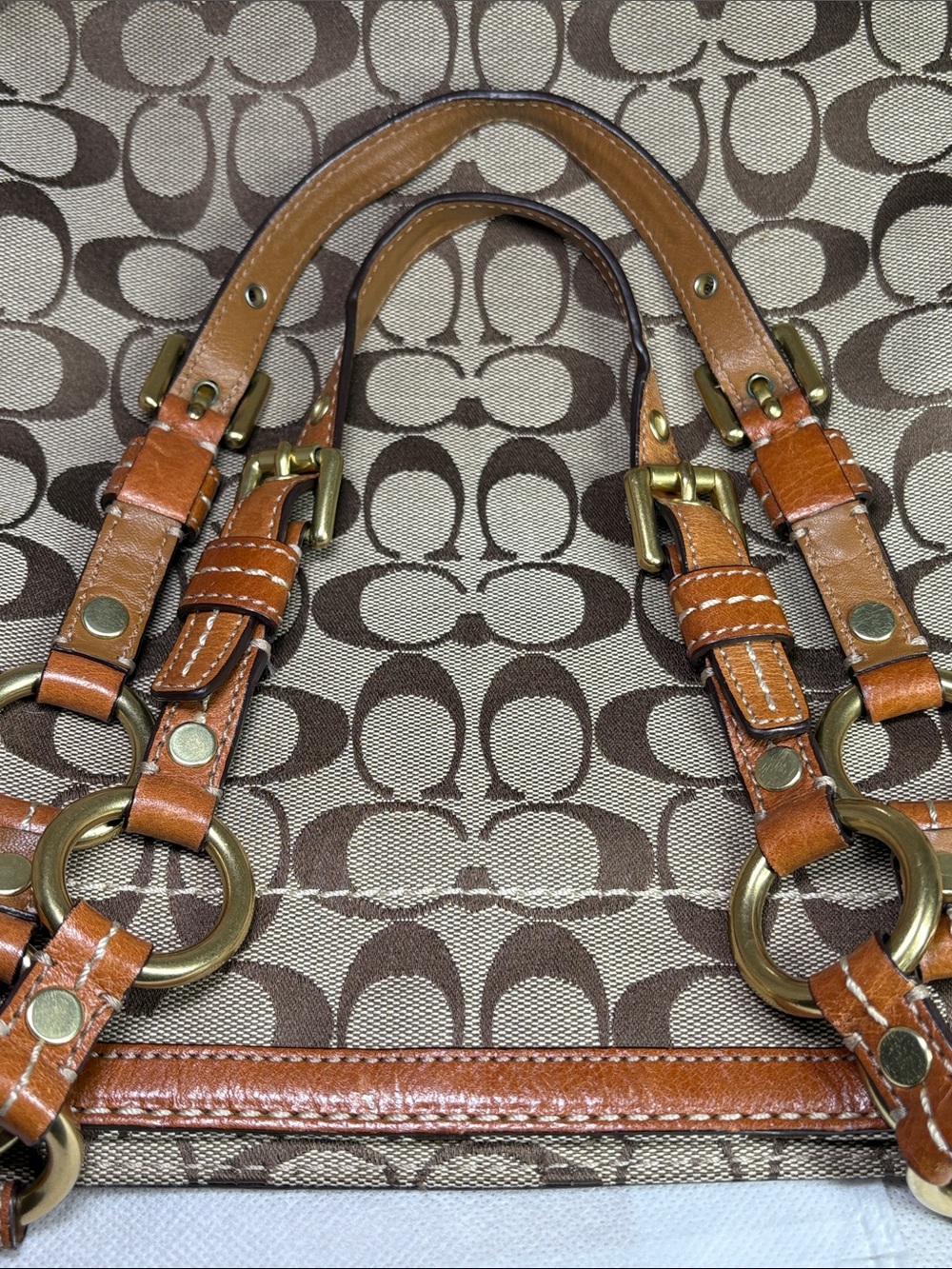 2007 Coach Brass Turnlock Buckle Straps Signature Canvas Camel Leather 15x11x4 - Picture 15 of 15